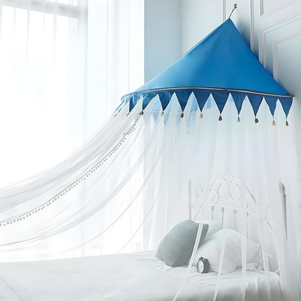 Polyester Adults Washable Princess Mosquito Net for Bed Suits for Single to King Size Bed Cribs Mosquito Net (White Blue, Ceiling Hung)