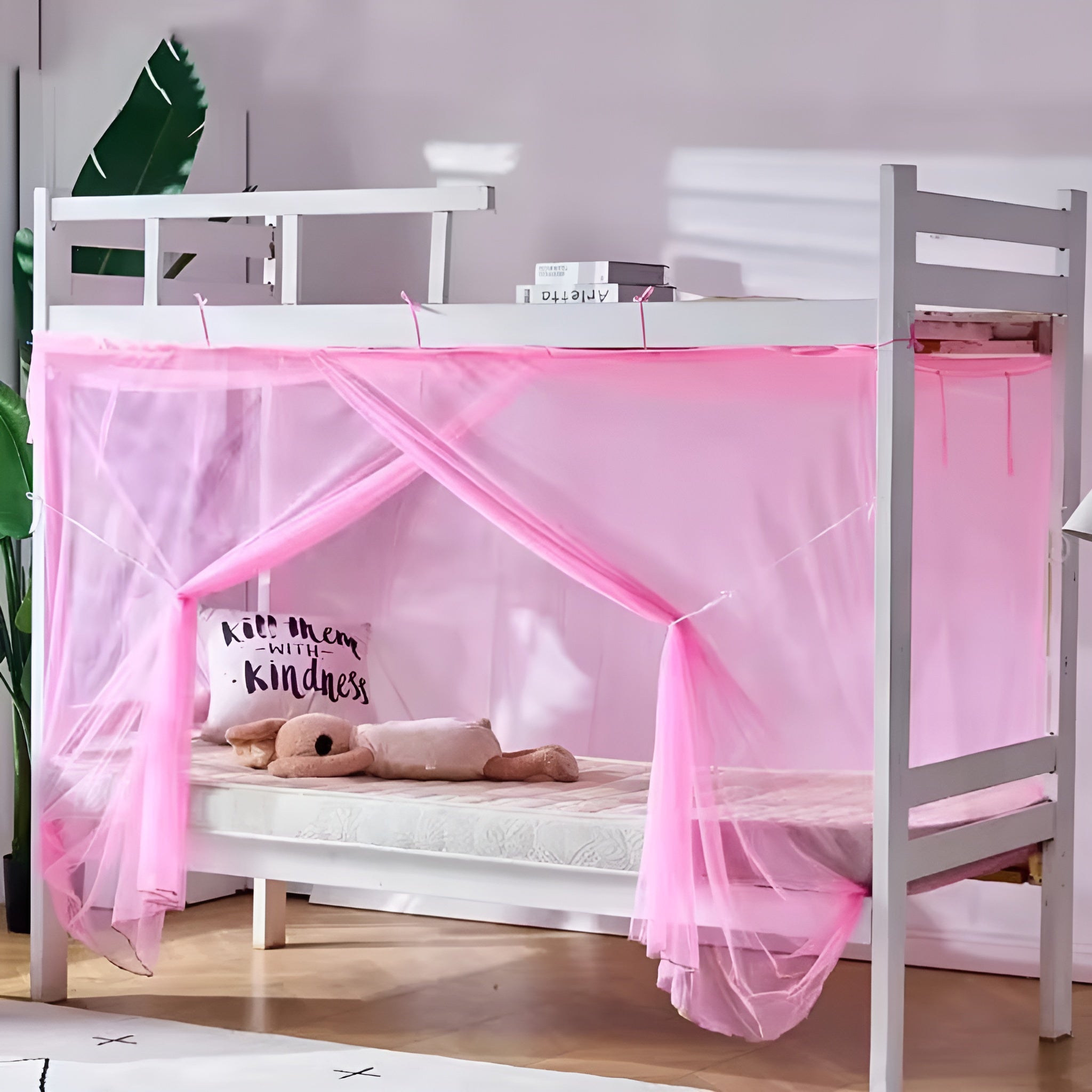 Student Dormitory Mosquito Net One-Door Bunk Single Bed cotton Machhardani Mosquito Net (Pink, Bed Box)