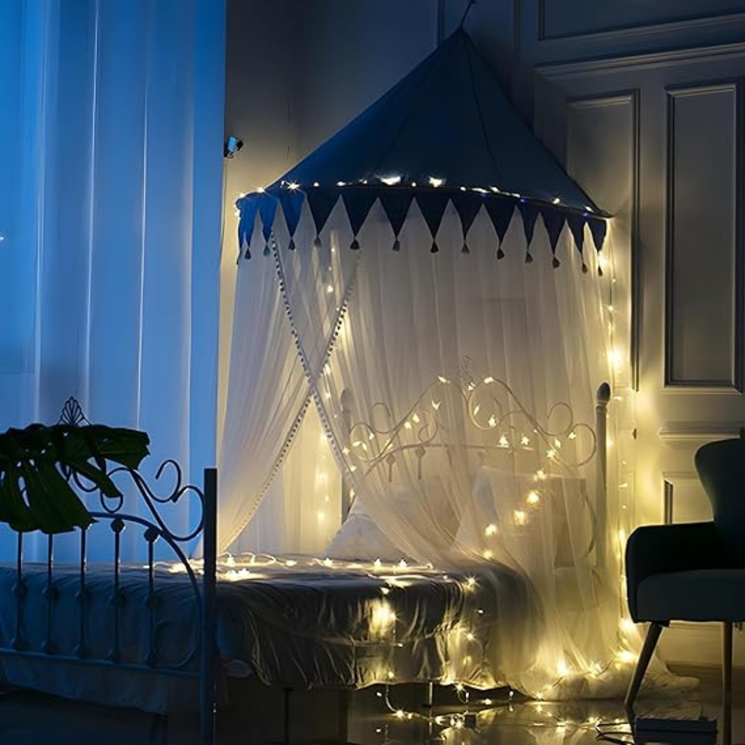 Polyester Adults Washable Princess Mosquito Net for Bed Suits for Single to King Size Bed Cribs Mosquito Net (White Blue, Ceiling Hung)