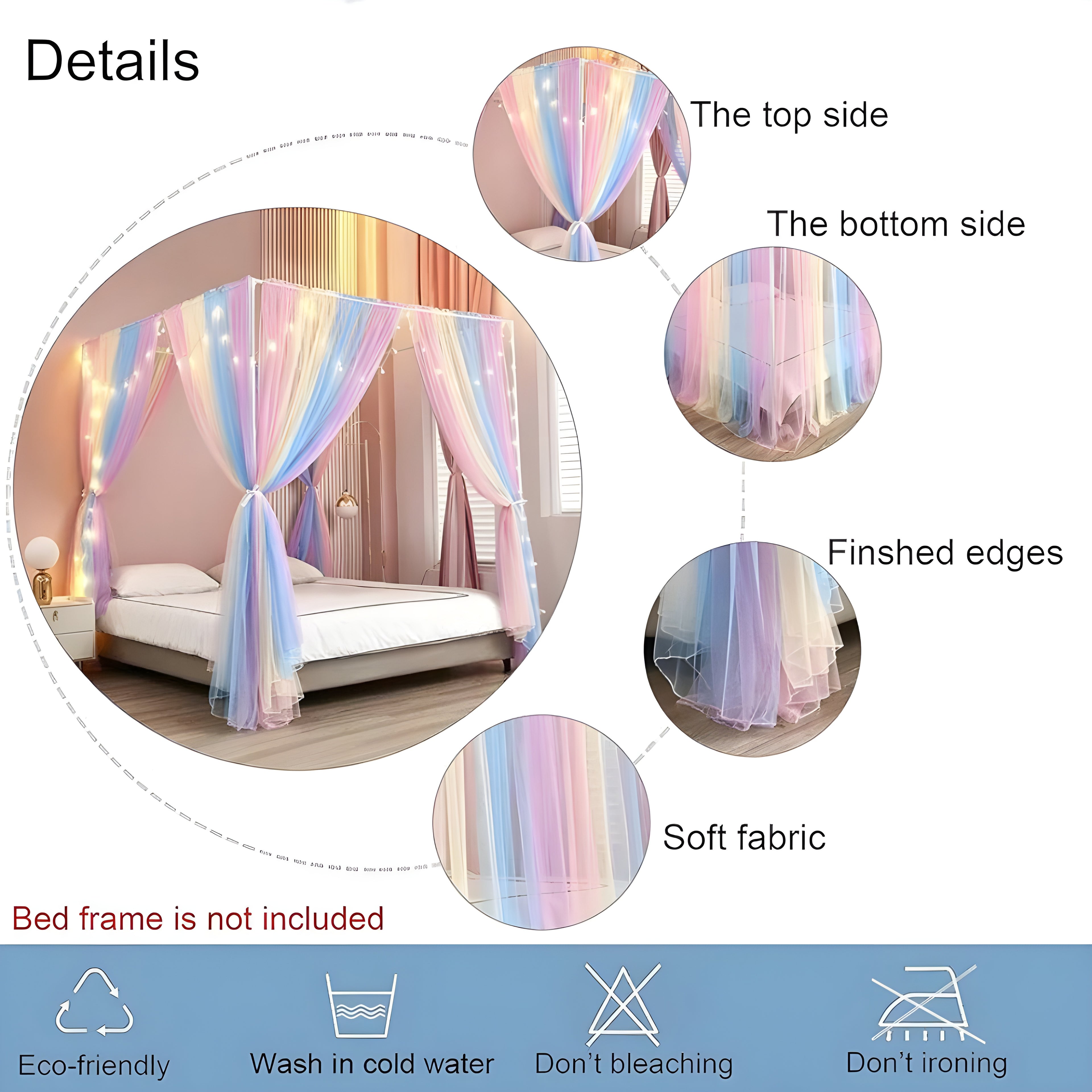 Polyester Adults Washable Rainbow mosquito net for Bed Drapes 4 Corner Canopy Curtains Mosquito Net (Multicolor, Bed Box)