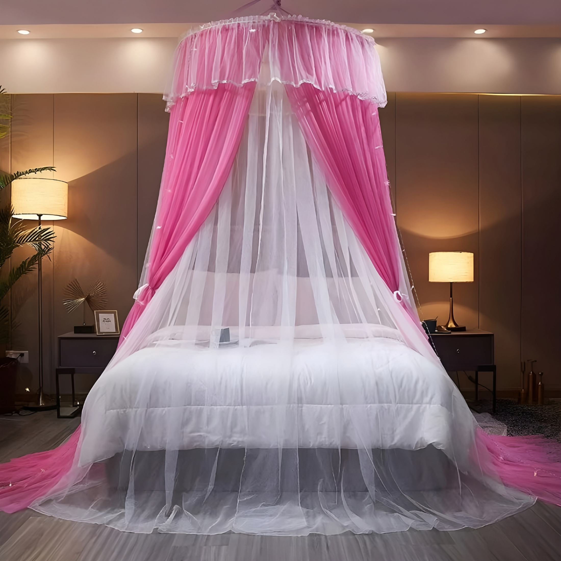 Hanging Dome Mosquito Net, Single to Double Bed Canopy Hanging, Pink Polyester Washable Adults Mosquito Net